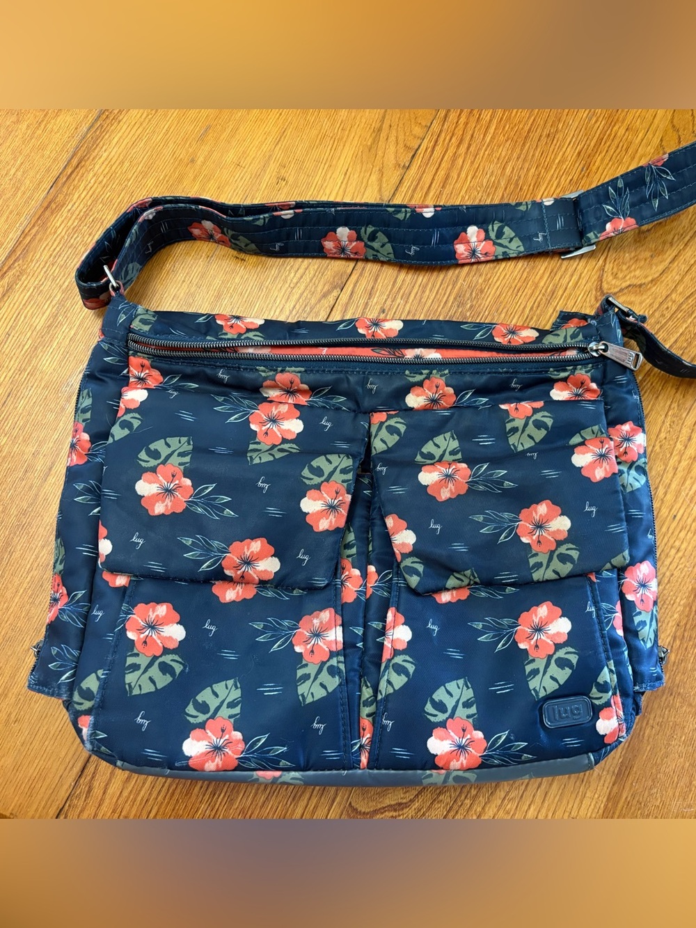 Lug Happy Camper Crossbody Bag in the Aloha Navy botanical floral print